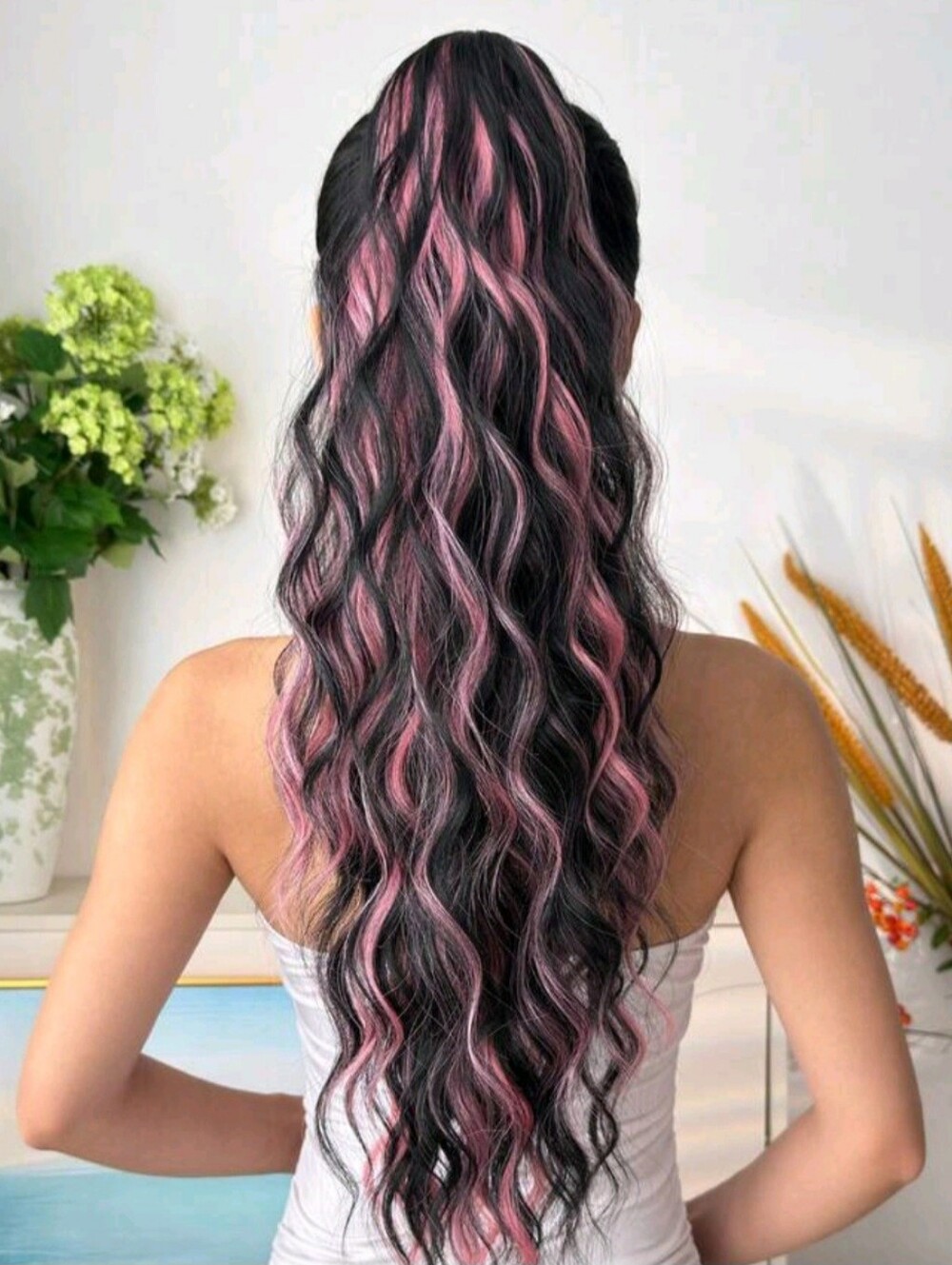 24in. Pink Highlighted Long Wavy Women's Hair Extension - Black Base